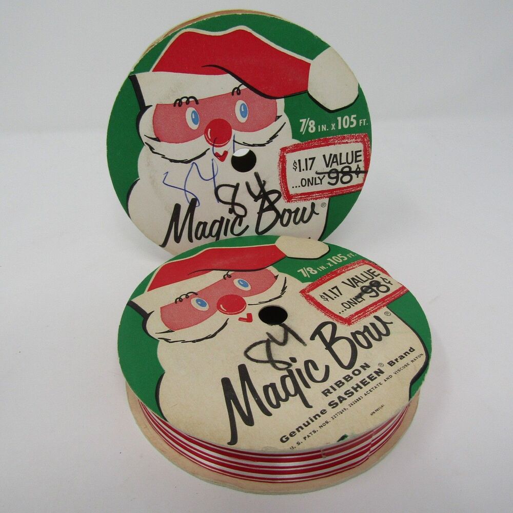 Vintage 3M Sasheen Magic Bow Ribbon Spools - Red White Green Stripe - 7/8" x 105